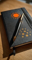 Black Notebook with Copper Dot Design and Orange Sun on Cover, Paired with Gold-Capped Pen on Minimal Background