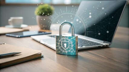 Digital Padlock Overlay Projected on Desk Secure Data and Information Protection