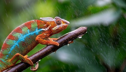 a vibrant chameleon perched on a branch amidst rain and lush green foliage