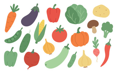 Fresh flat-style vegetable mix including carrot, corn, broccoli, and eggplant. Great for healthy food graphics, farm market art, and nutrition posters.