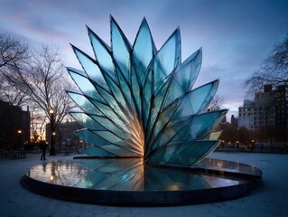 Glass sculpture at twilight.  Blue hues dominate the scene.