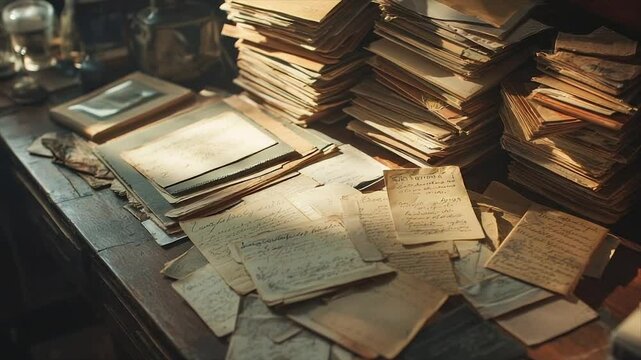 Sunlit antique wooden desk piled high with aged papers, letters, and documents
