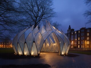Glowing pavilion at dusk. Modern architecture.