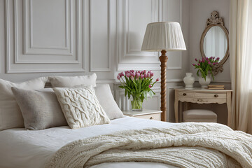 Luxuriously Styled Off White and Cream Bedroom with Cable Knit Throw and Tulips off-white throw blanket