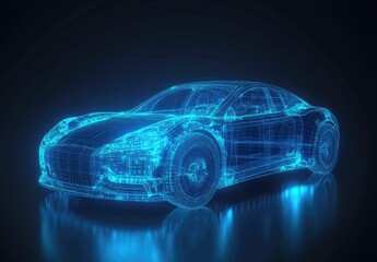 Futuristic car, wireframe, glowing blue, digital art