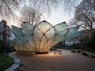 Glass pavilion in a park at dusk.  The structure's delicate design is illuminated from within, casting a warm glow.