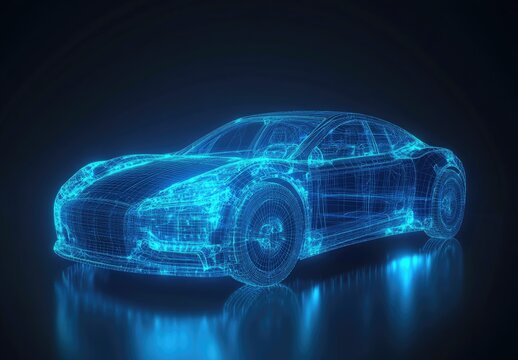 Futuristic car, wireframe, glowing blue, digital art