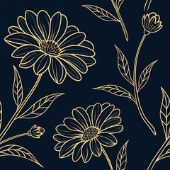 Elegant floral line art pattern with daisies and leaves on a dark background
