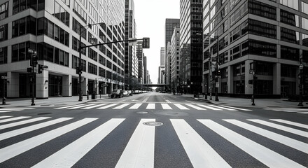 Monochrome urban landscape featuring city street with modern architecture and crosswalks