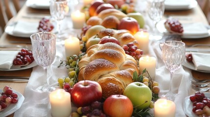 Bright Rosh Hashanah table with apples, honey, challah. Jewish holiday concept