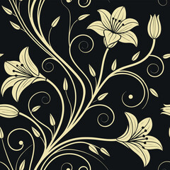 Obraz premium Elegant floral pattern design with lilies and swirls on a dark background