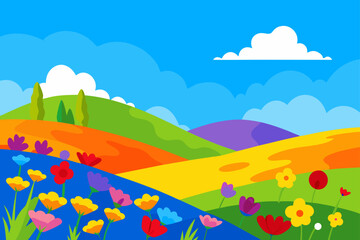 Beautiful spring and summer landscape with flowers, green grass, blue sky, and clouds