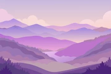 Gordijnen Misty morning mountain landscape with a serene view of peaks under a soft sky © rakin