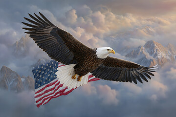 Obraz premium Majestic Bald Eagle in Flight Above a Cloudy Mountain Range with American Flag american bald eagle