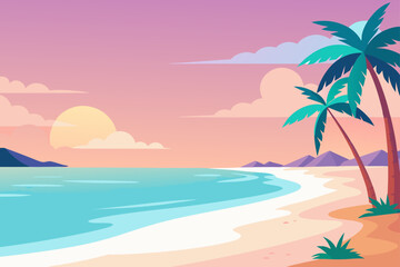 Fototapeta premium Tropical beach paradise: a single palm tree silhouetted against a summer sky, with golden sand meeting the blue ocean waves