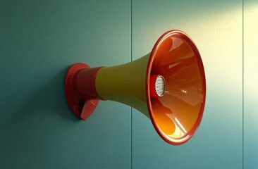 A vintage-style, orange and red megaphone mounted on a teal wall, angled slightly outward