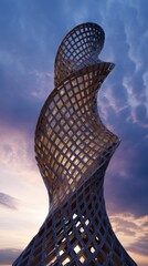 A mesmerizing modern sculpture against a twilight sky. Intricate latticework creates a dynamic, swirling form.