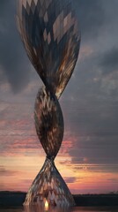 Futuristic hourglass tower at sunset.  Metallic, swirling design reflects the warm light.