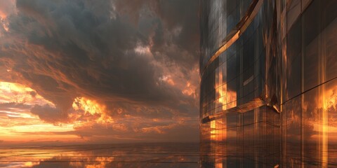 Modern skyscraper reflecting a fiery sunset. Dramatic cloudscape.