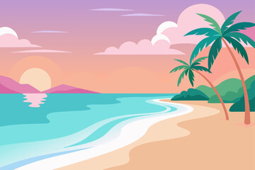 Obraz premium Tropical beach scene with palm trees, a summer paradise island getaway