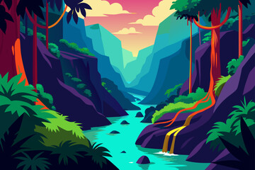 Tropical island landscape painting with palm trees, sun, and colorful underwater sea life