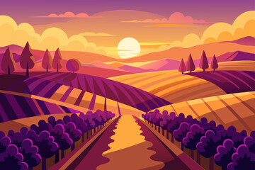 Fototapeta premium Vibrant sunset illuminates the sky over a diverse landscape, from tranquil beach and vast sea to bustling city, with hints of nature, distant mountains, and rural countryside, under a canvas of orange