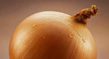 Close-up of a fresh onion with water droplets on a neutral background, detailed texture and natural appearance