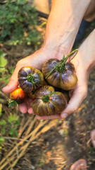tomatoes delicious organic unusual in shape and color close-up in male hands selective focus