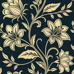 Elegant floral pattern with beige blooms and dark blue background seamless repeat