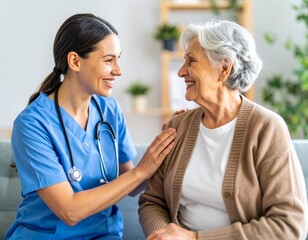 Smiling caregiver reassuring elderly woman with hand on shoulder in bright living room setting