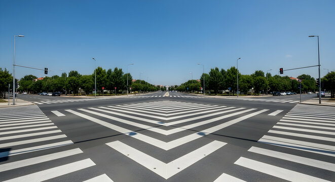 Intersection with zebra crossing under clear blue sky on a bright sunny day capturing urban infrastructure and pedestrian safety