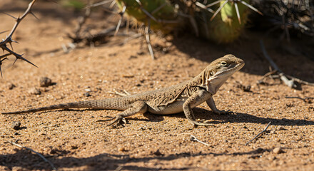 Desert lizard basking in the sun on sandy ground with sparse desert vegetation, close-up of a reptile in its natural habitat, dry environment, wildlife photography