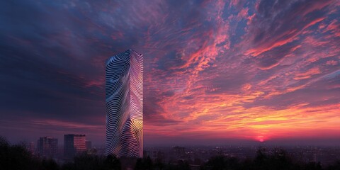 Modern skyscraper at sunset. Striking design against vibrant sky.