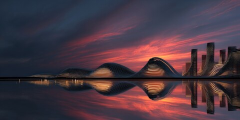 Futuristic city skyline at sunset. Sleek architecture reflects in calm water.