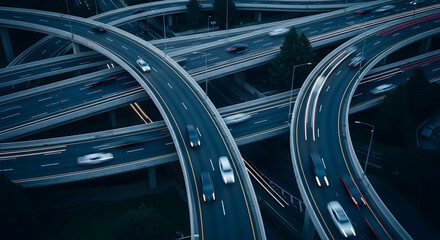 Interwoven Highways Aerial View Showcasing Dynamic Traffic Patterns and Urban Connectivity