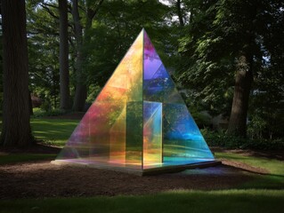 A rainbow-hued glass pyramid structure stands in a lush green park, sunlight casting vibrant colors.