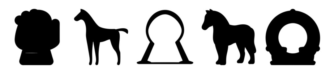 Silhouette compilation of various shapes including cloud and horse icons on white