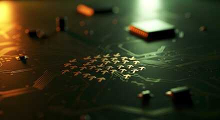 Intricate Circuit Board Design with Arrow Patterns and Electronic Components Display