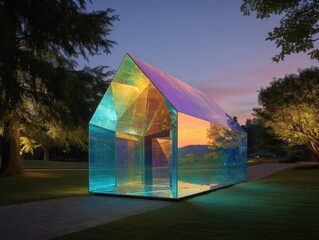 Iridescent house-shaped structure glows at dusk.