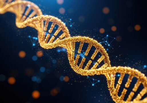 Golden dna helix with blue digital network and bokeh background