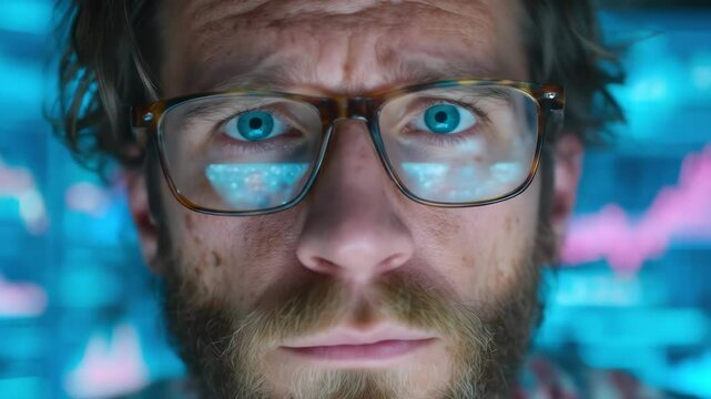 Focused man stares at glowing computer screens, close up