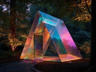 A mesmerizing iridescent glass structure glows in a tranquil forest setting.