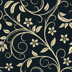 Elegant floral pattern with ornate scrollwork and decorative leaves on a dark background