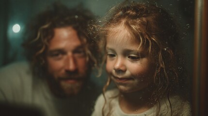 Obraz premium Tender Moments: Single Father and Daughter Bonding While Video Calling Grandma