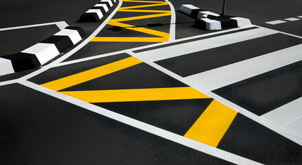 Intricate road markings and safety features create a visually striking pattern highlighting urban design