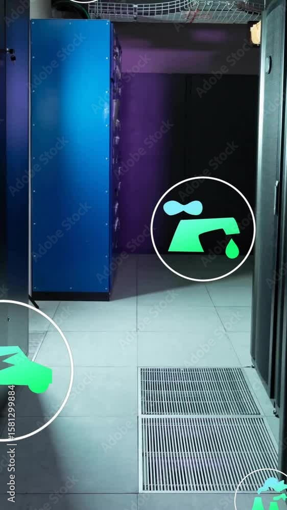 Poster animation of eco icons and data processing over computer servers