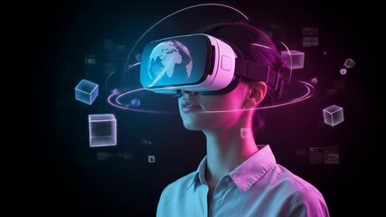 Virtual reality offers a young woman an immersive and innovative experience in a futuristic digital metaverse, showcasing global connections through a glowing globe and advanced cyber technology. - Powered by Adobe