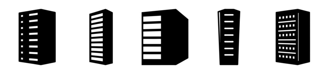 A collection of five stylized black and white buildings silhouettes with windows