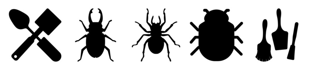Black and White Silhouettes of Tools and Insects for Graphic Design