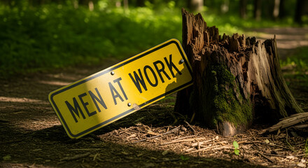 Intriguing juxtaposition of 'Men at Work' sign and nature's enduring presence with decaying stump